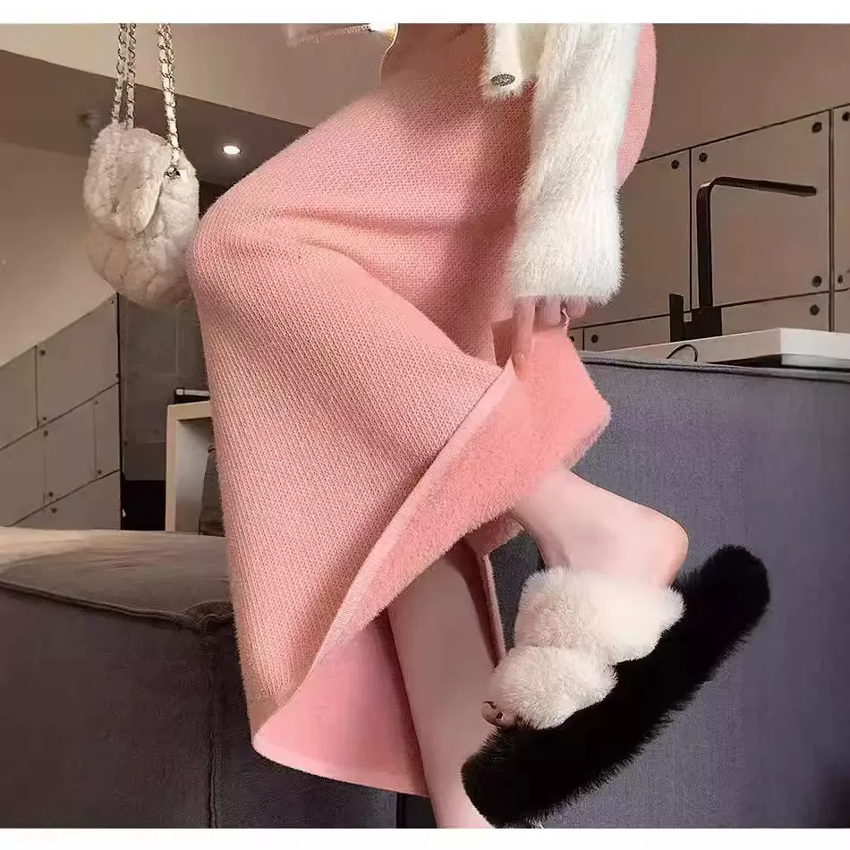 加绒加厚仿水貂针织半身裙女秋冬季直筒中长款后开叉包臀一步裙