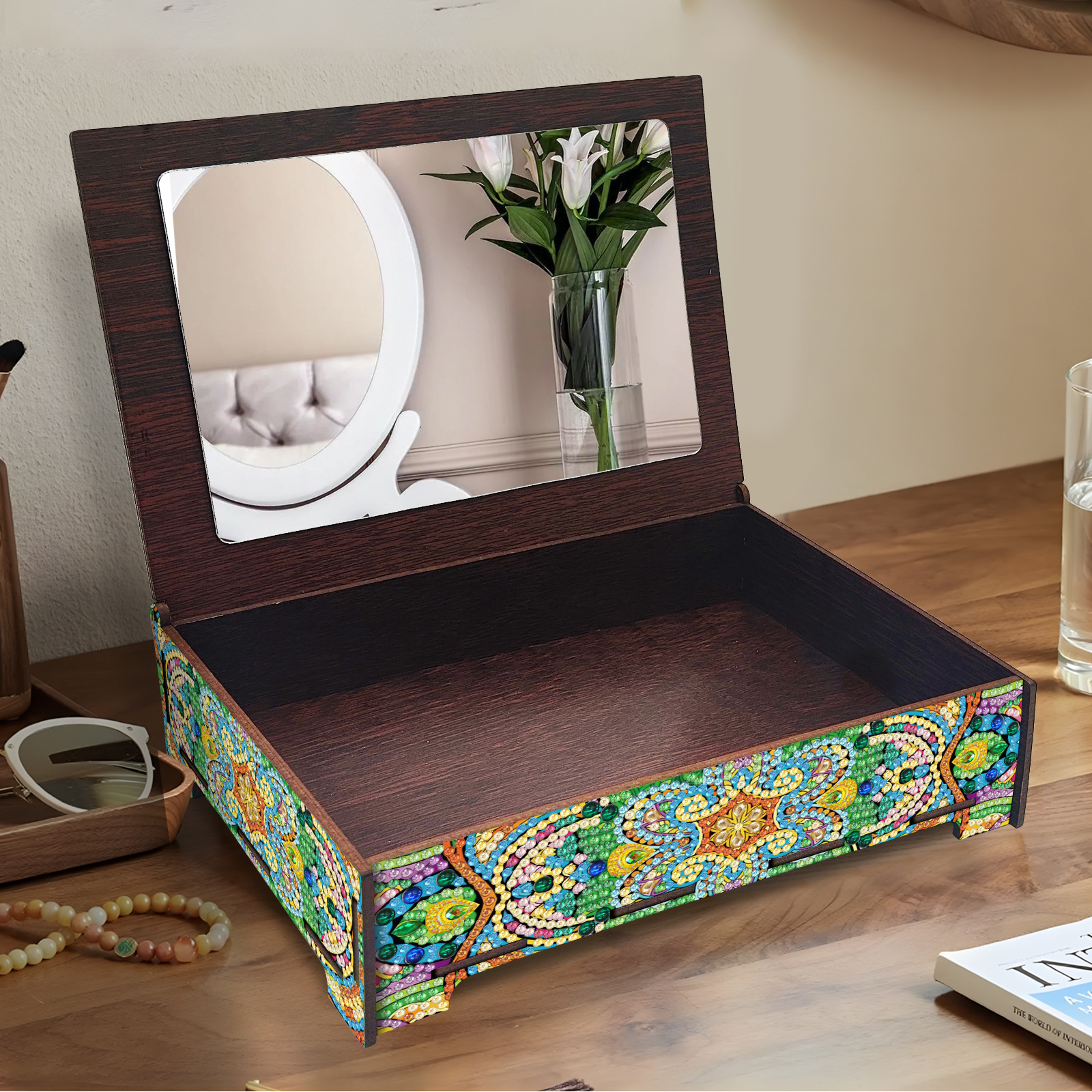 Pintura de diamantes alrededor de puntos creativos con espejos de perforación caja de almacenamiento de cosméticos caja de joyas al por mayor