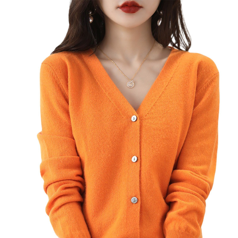 春と秋の新型vネックニットカーディガンの女性服のゆったりとした大きいサイズの純色のセーターの短いコートの上着|undefined