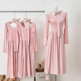 火火火奶霜桃桃韩系大圆领温柔粉色长袖连衣裙