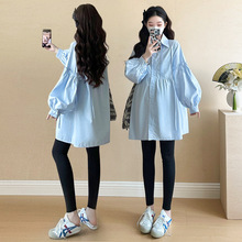 2025春装新款孕妇装中长款衬衫翻领连衣裙灯笼袖长袖衬衣时尚套装