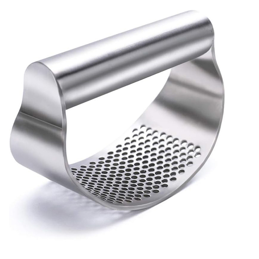 In-Stock Cross-Border Circular Stainless Steel 430 Curved Garlic Press for Home Use, Manual Garlic Crusher and Peeler Tool