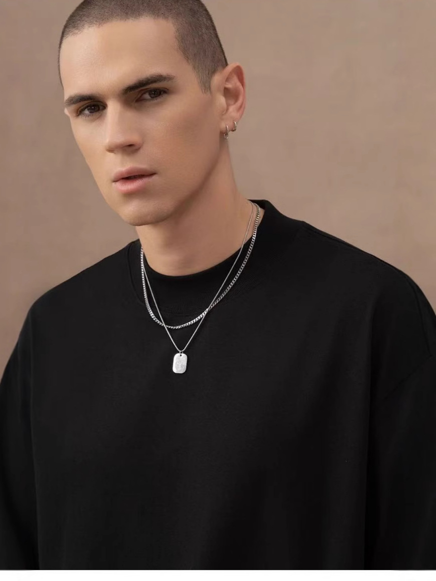 310g pesado cuello pequeño camiseta de cuello alto de manga corta europea y americana hombre de hombro caído casual pareja casual en la parte superior versátil