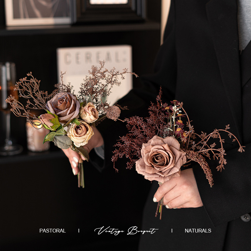 Original Design Autumn High-grade Sense Rose Simulation Flower Bouquet Dining Table Fake Flower Decoration Decoration Living Room Dried Flower Decoration