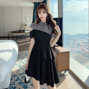 Lapel Plaid stitching design irregular skirt