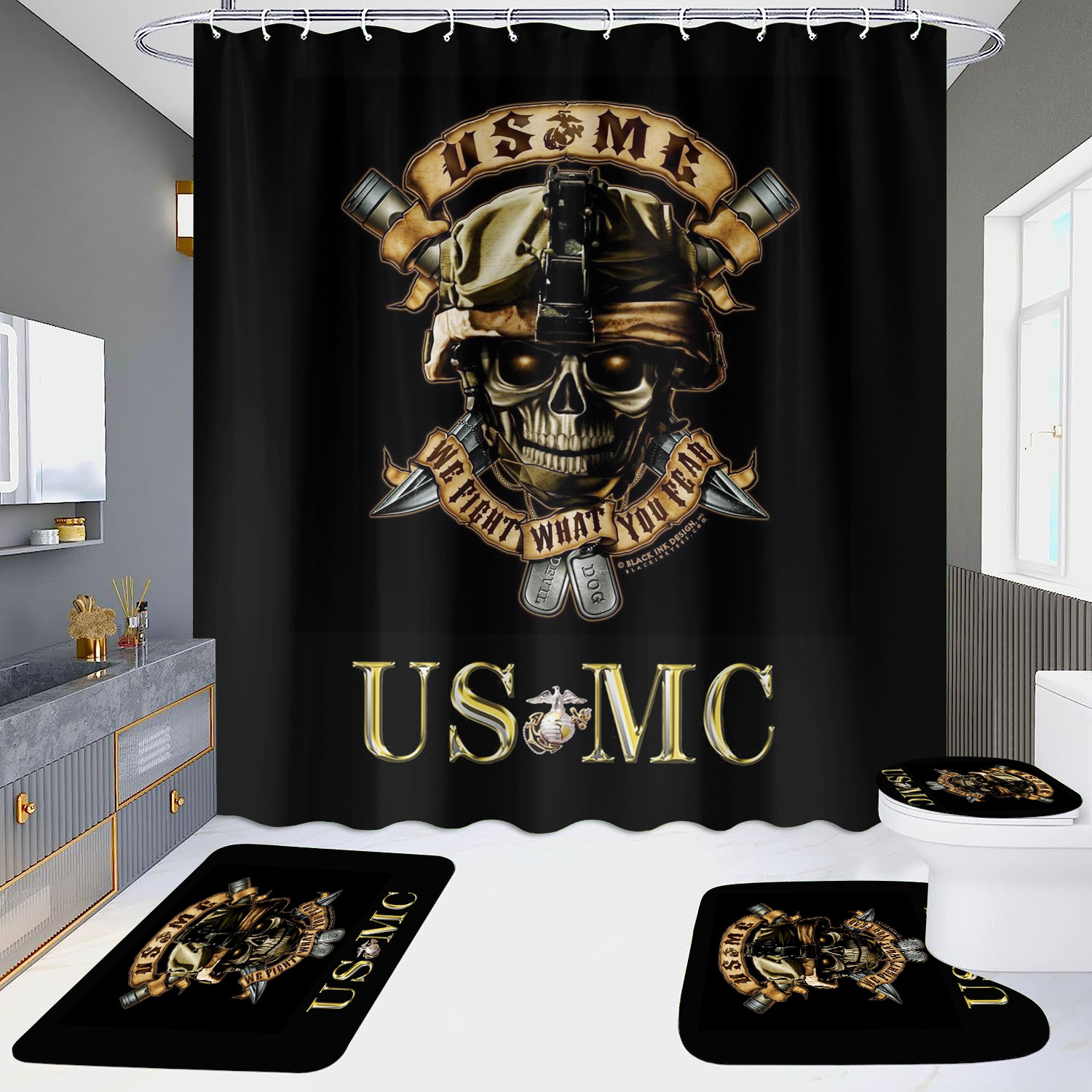 Cortina de ducha de suministro directo transfronterizo conjunto de cuatro piezas hd impermeable sin perforaciones baño hotel baño partición cortina wansheng cráneo