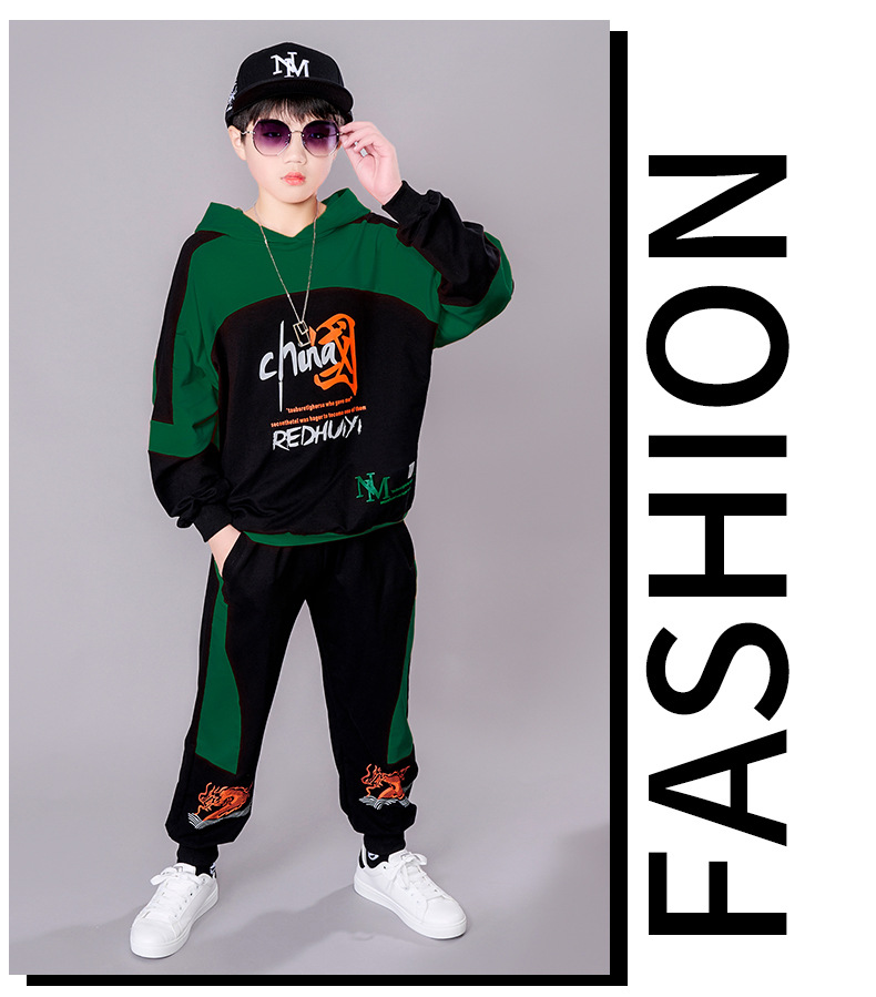 Costume d'automne pour garçons, beau taille moyenne, sweat à capuche contrasté, ensemble deux pièces pour enfants, vêtements de sport, nouvelle collection 2023_voghion.com