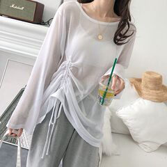 慵懒冰丝针织衫女夏薄长袖防晒衣镂空罩衫宽松套头抽绳上衣空调衫