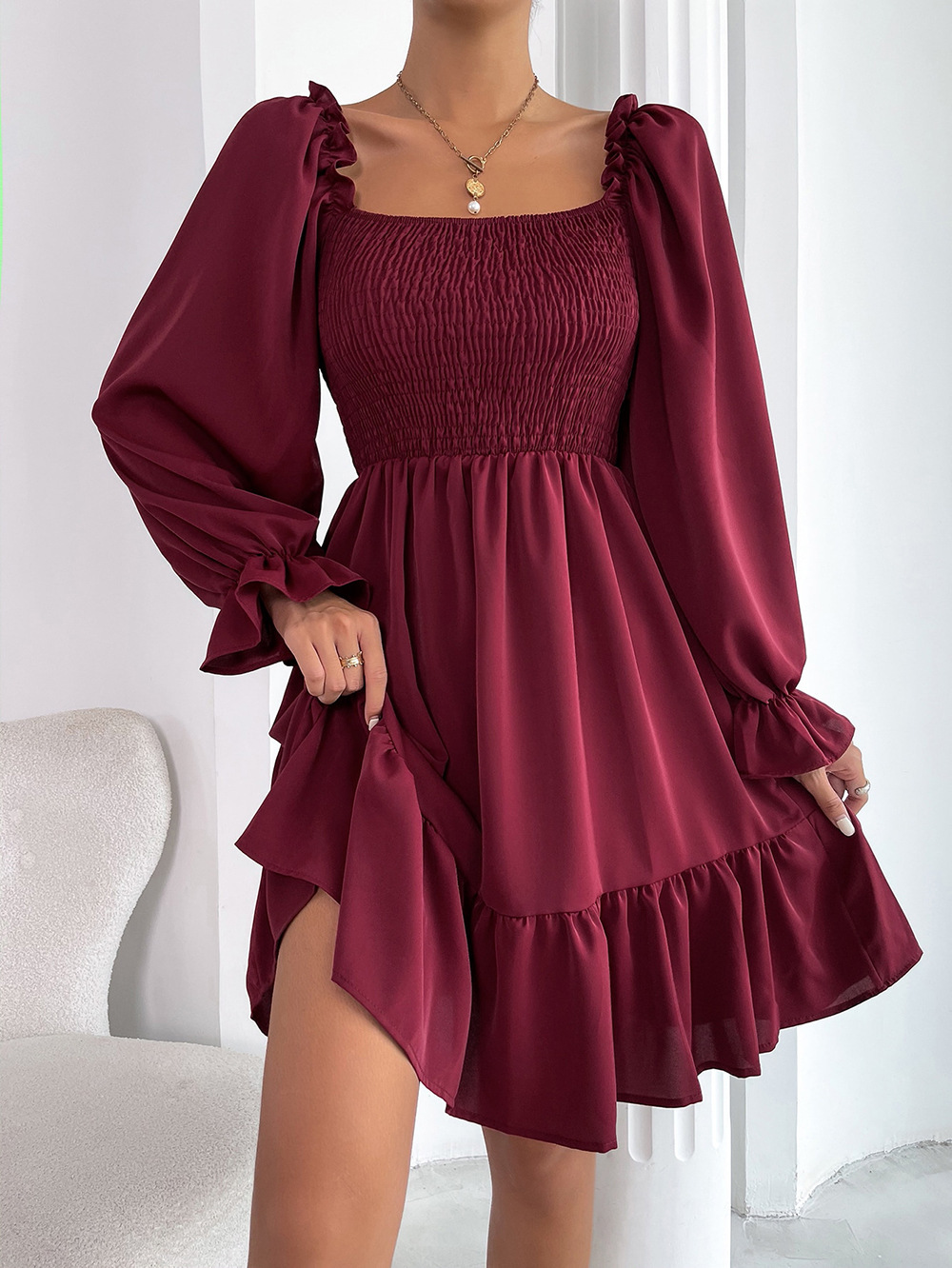 374g Weight Knee-Length Dress Length Type Long Sleeve Sleeve Length A-Line Skirt Dresses Type Flounce Sleeve Sleeve Type Polyester Fabric Type High Waist Waist Line Daily Occasion Square Neck Neckline Regular Fit Fit Type Solid Color Pattern Summer, Spring, Autumn Season Women'S Gender Ruffles Design Fashion Style Wholesale Women'S Fashion Ruffles Solid Color Daily Square Neck Long Sleeve A-Line Skirt 21