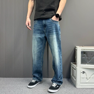 复古怀旧蓝色水洗牛仔裤男2026新款磨白晕染宽松直筒休闲百搭长裤