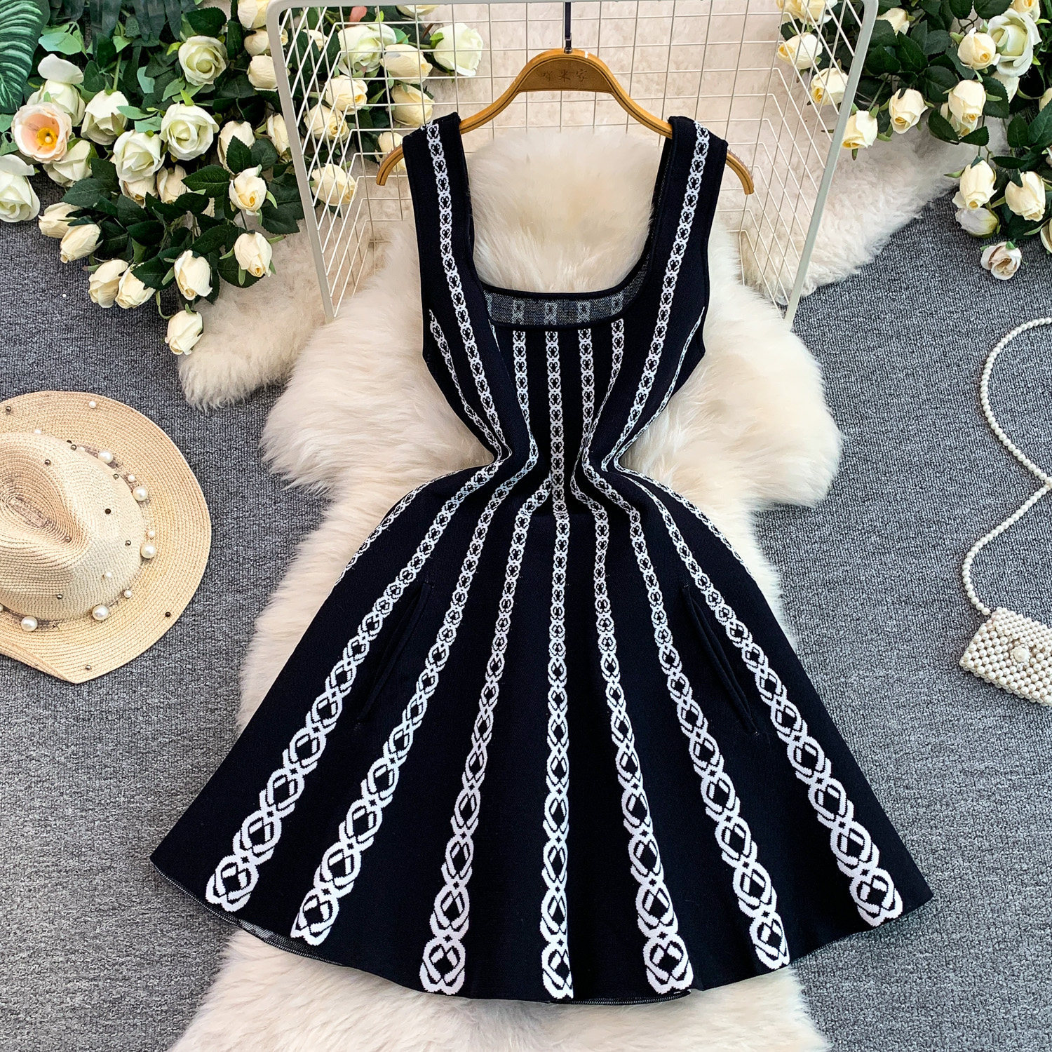 Luxury Petite Embroidered Knit Dress for Women Elegant Slimming A-Line Slip Summer Style Striped Charm_ecoleips.com