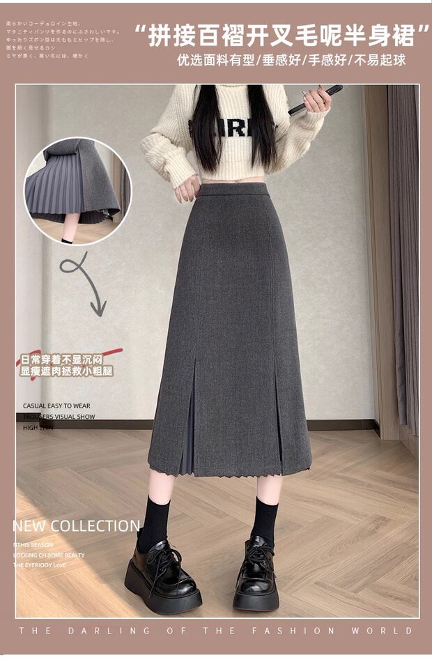 Chân váy vest dáng dài vừa, cạp cao, xẻ tà, xếp ly tôn dáng — màu xám, màu đen chi tiết 3