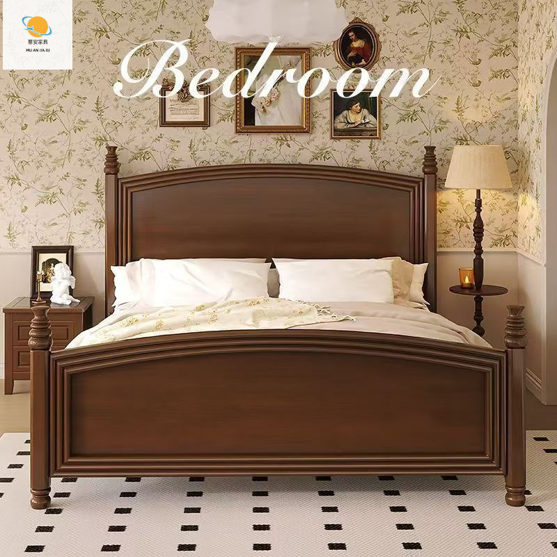 Medieval-Style Solid Wood Bed, Rubber Wood Model, Classic Country Style, 1.8m Master Bedroom, 1.5m Double Bed, Simple with Drawer Storage