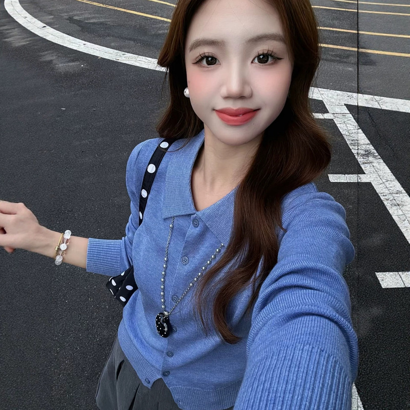 2026 new blue polo-neck knitted cardigan, slim-fit, long-sleeved top, Korean-style, versatile outerwear for work and everyday wear 2026 new blue polo-neck knitted cardigan, slim-fit, long-sleeved top, Korean-style, versatile outerwear for work and everyday wear