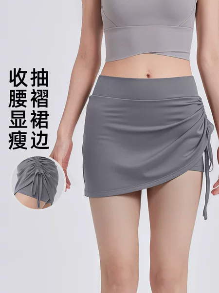 Fake Two-piece Shorts Women's High Waist Belly-tucker Slimming Tennis Culottes Side Drawstring Design Yoga Pants Anti-running Light Shorts