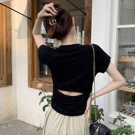 黑色镂空辣妹短袖T恤女夏季新款设计感收腰显瘦性感露背打底上衣