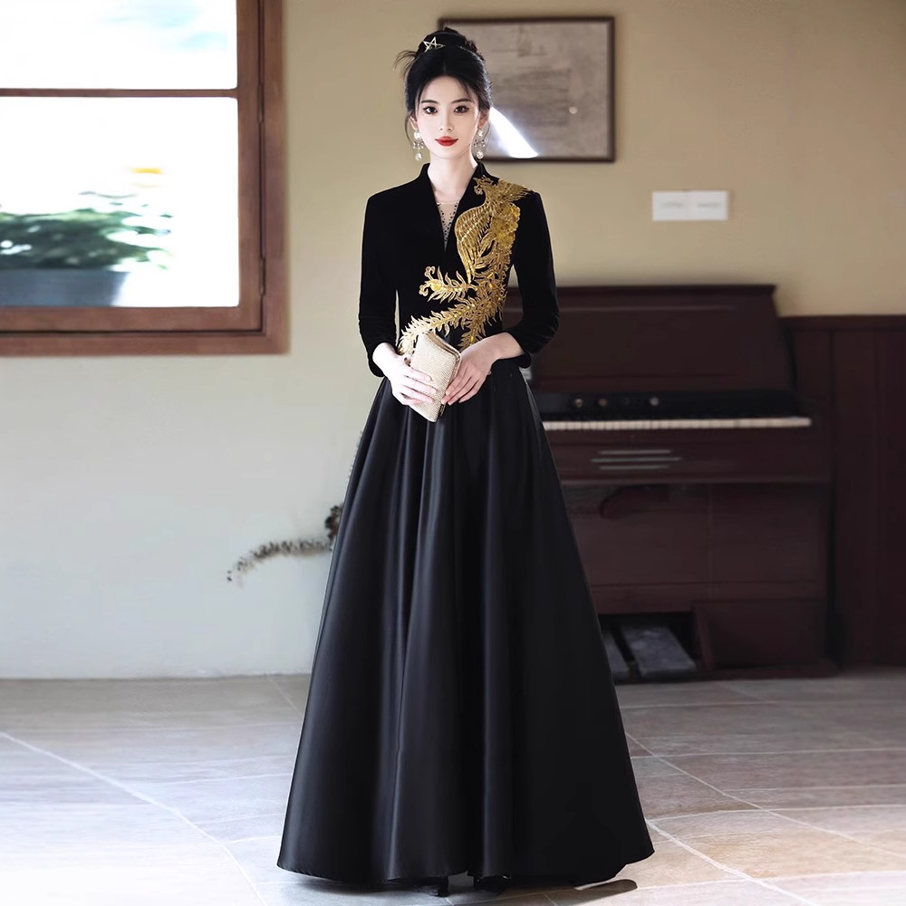 Evening Dress for Women, High-End 2026 New Style, Black Dress for Banquet Host, Niche Light Luxury, Art Exam Performance Dress