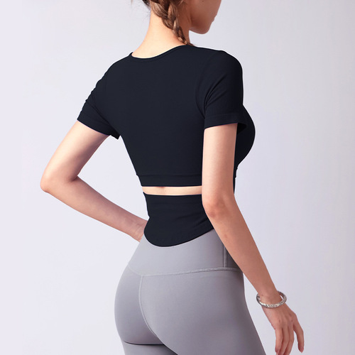 Back-hole fixed bra cups yoga top for women, summer short-sleeve fitness top, slimming and shaping exercise top