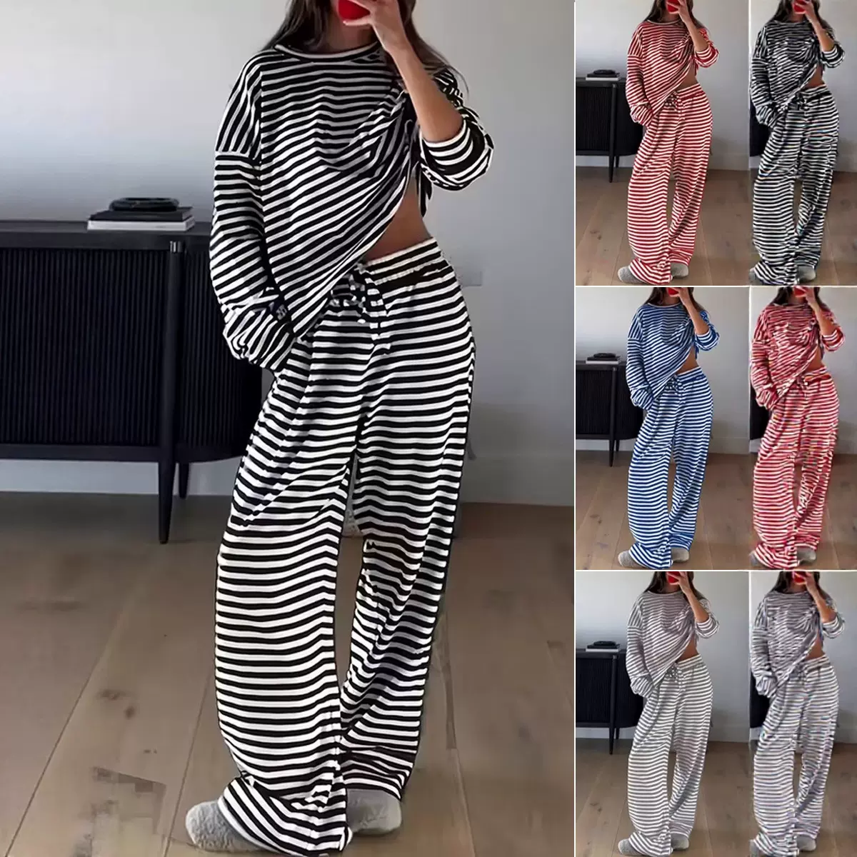 女式时尚休闲套装秋冬季亚马逊欧美女装新款条纹设计感两件套女