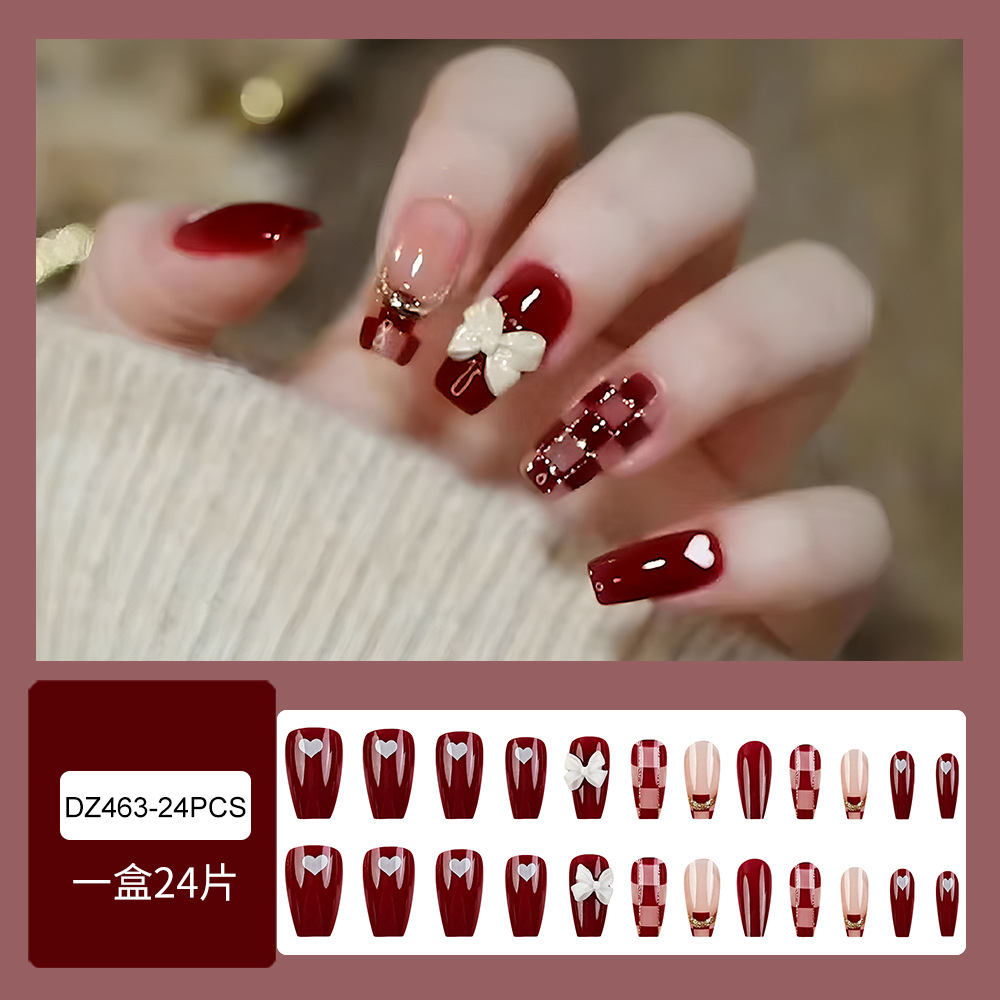 Moda atmósfera roja tablero de ajedrez hecho a mano para usar uñas amor arco de uñas 24 piezas parches de uñas terminados