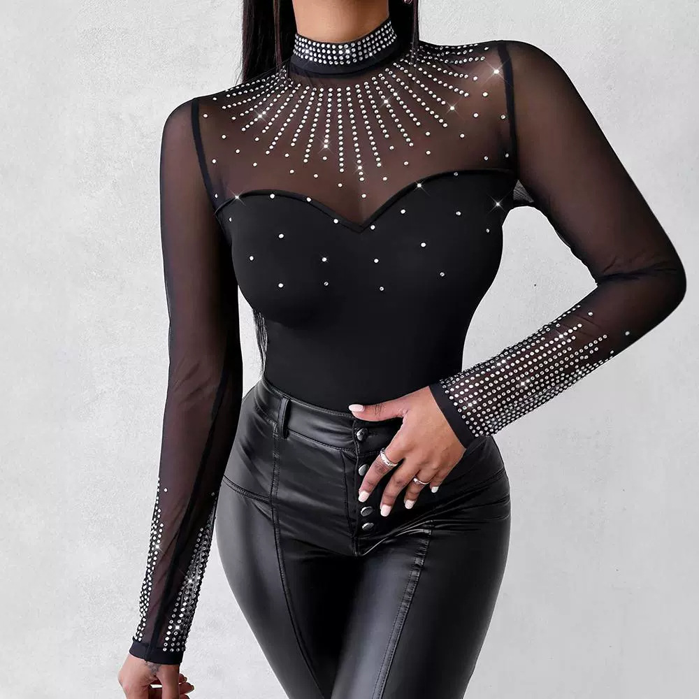 Damenbekleidung Mesh Splicing Hot Diamond Langarm-Overall_voghion.com