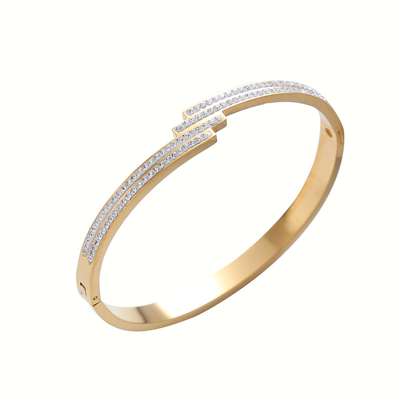 24g Weight Basic Classic Style Commute Geometric Stainless Steel Asymmetrical Inlay Zircon Bangle