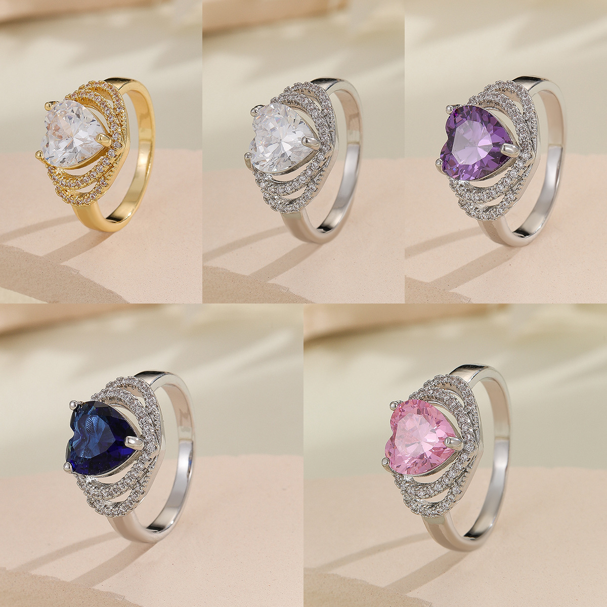 Copper Material Copper Plating Heart Shape Zircon Rings