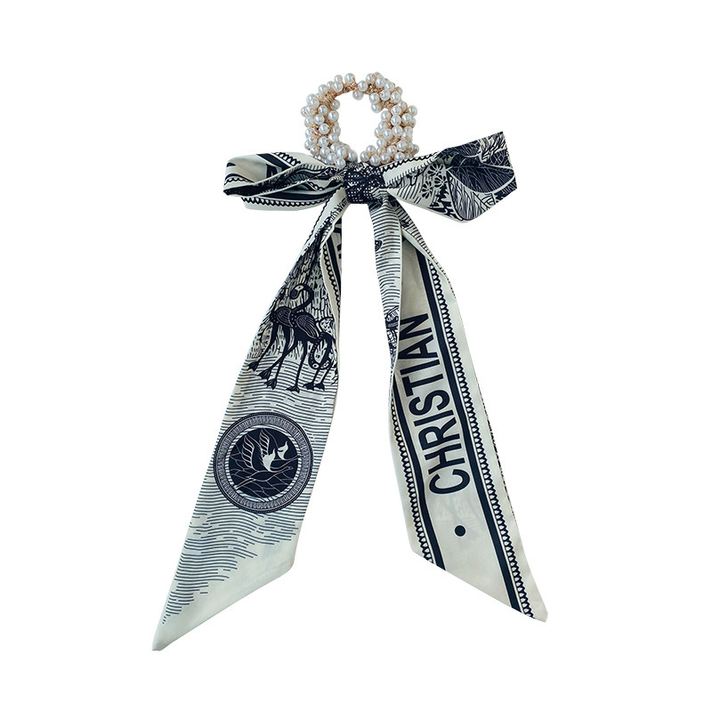 Banda de pelo de bufanda de seda para mujer corbata de pelo fino de verano de perlas cinta de arco Hada cuerda de pelo de todo fósforo estilo coreano accesorios para el cabello al por mayor