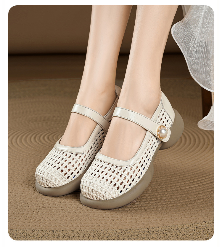 Sandal nữ da thật quai chữ V đan móc mũi kín đế mềm — màu be chi tiết 10