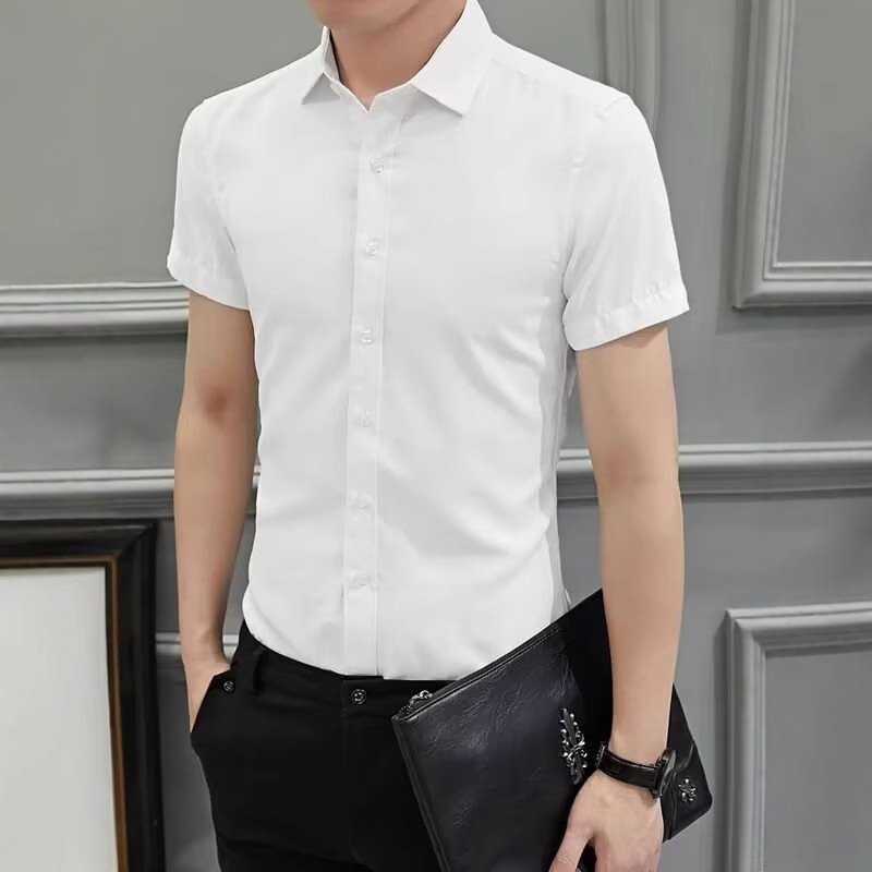 Men's White Shirt, Summer Trendy Slim-Fit Workwear, Business Short-Sleeved Shirt, Men's Formal Wear, Solid Color Top, Trendy