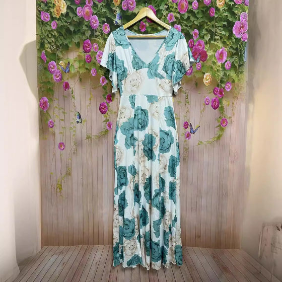 2024 Amazon Cross-border Explosions V-neck Elegant Casual Printed Long Dress Women's Dress