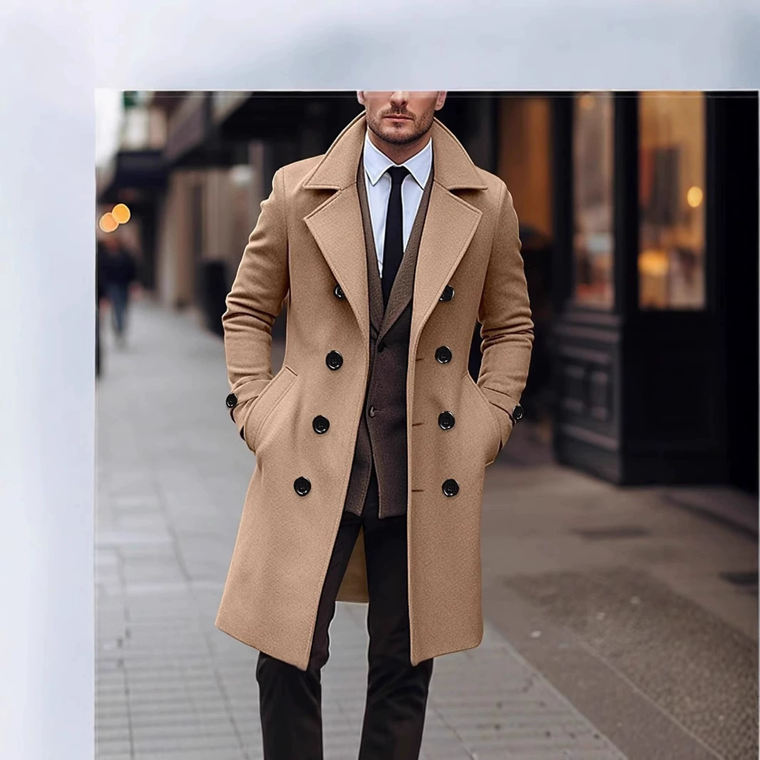 Amazon Европейская и американская трансграничная новая осенне-зимняя шерстяная верхняя одежда средней длины, мужская верхняя одежда, ветровка с шерстяными лацканами, двубортная