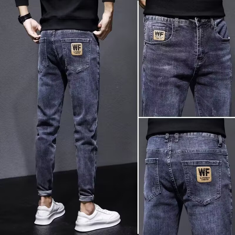 American High Street denim masculino otoño e invierno 2024 nuevo estilo coreano delgado pies pantalones elásticos pantalones casuales de todo fósforo para hombres