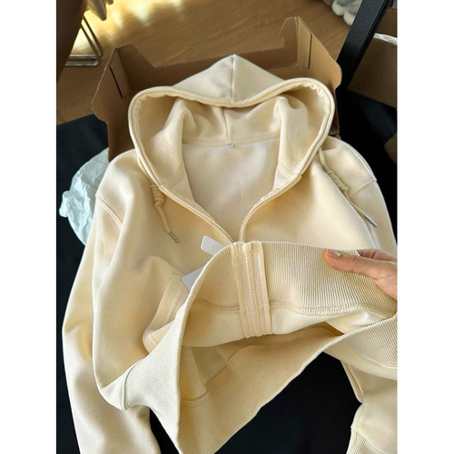 Whitening milk-powdered Korean-style short sleeve hoodie jacket for women, hooded sweatshirt, thin zipper cardigan for outerwear
