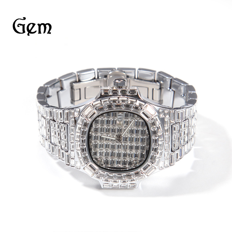 Factory wholesale fashion hip-hop quartz watch men's European and American Ins design sense full diamond calendar large dial watch wholesale