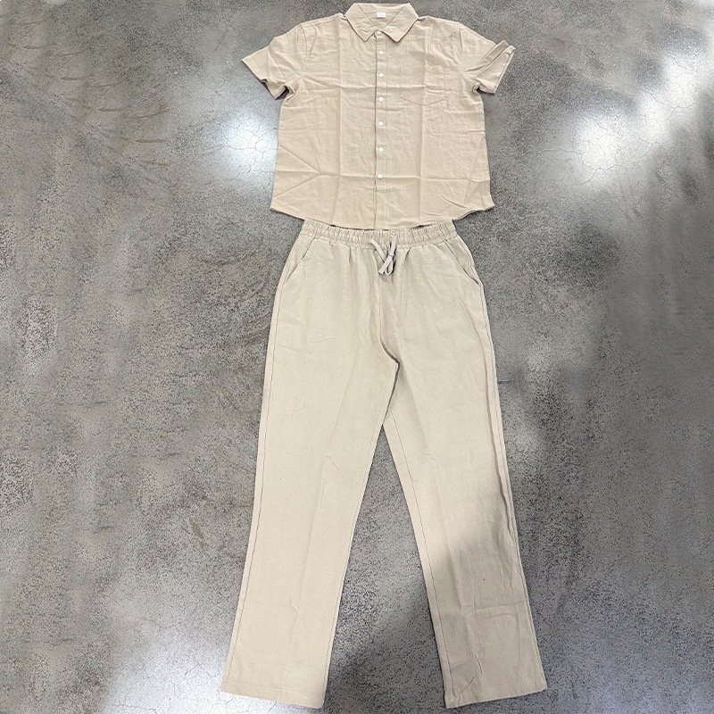 Men's Linen Short Sleeve Shirt And Pants Set, Casual Breathable Two-Piece Outfit For Summer, Relaxed Fit Linen Lounge Set_viptrois.com
