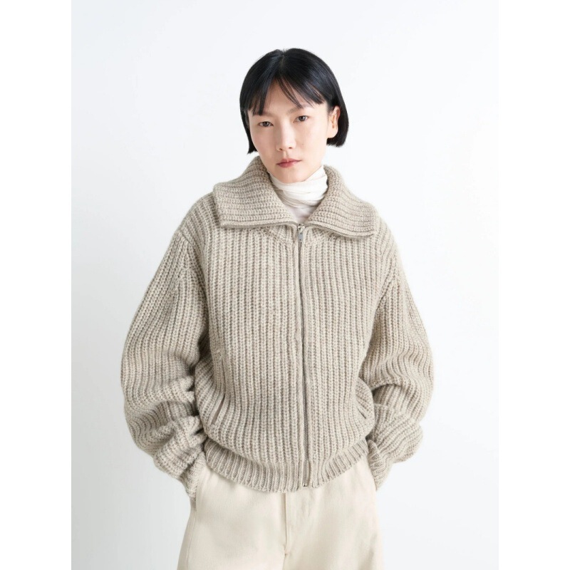 Longmei Zipper Knit Cardigan for Women 2025 Autumn/Winter New Lem Style Simple Commuting Thick Knit Ribbed Sweater Jacket