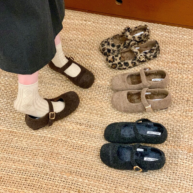 Happyfeeling Retro Leopard Print Flats Bottom Versatile Mary Jane Fur Shoes Women's Outer Wear Fleece-Lined Cotton Shoes Flats