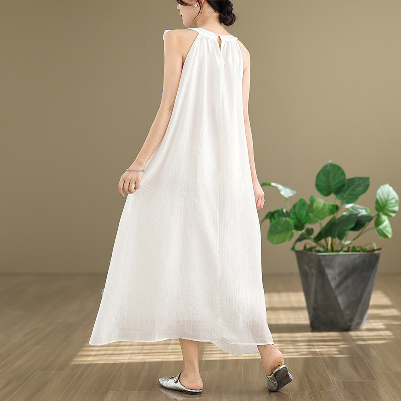 Three-Dimensional Flower Sleeveless Halter Dress For Women's Spring French Style Loose Belly Covering Blue Halter Long D_ecoleips.com