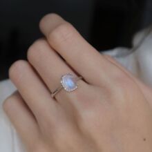 s925银镶嵌复古天然蓝月光石金发晶白水晶戒指开口可调节小众设计