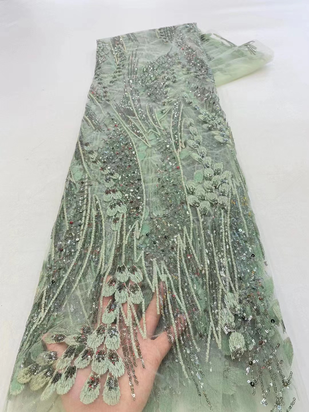 Nueva gama alta de encaje bordado de lentejuelas de encaje de malla de tela cheongsam vestido de ropa de tela JX3003
