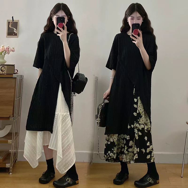 Женский костюм в стиле Хепберн больших размеров летом, топ с короткими рукавами и разрезом для похудения, асимметричная полуюбка, комплект из двух предметов