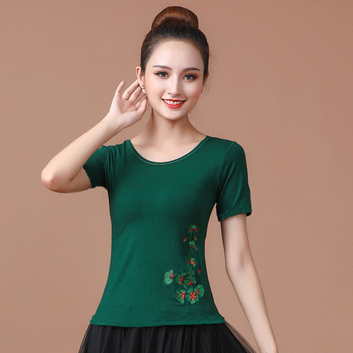Square Dance Top Women's Short Sleeve Dance Clothes Modal Clothes Embroidered Crew Neck T-Shirt