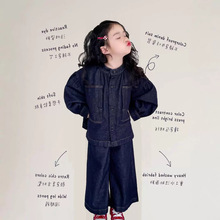 女童套装牛仔长袖圆领外套加宽松阔腿裤两件套2025秋冬装新款外贸