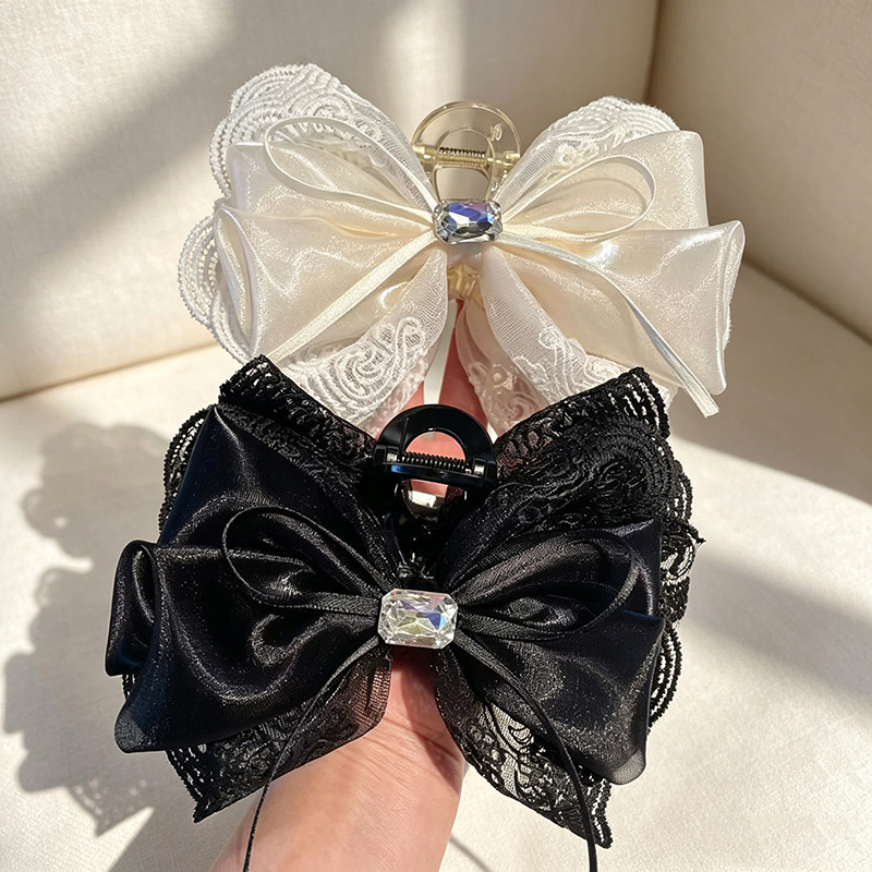 Large rhinestone lace bow hair clip, mesh claw clip, women's high-end hair accessory, wholesale from boutique stores