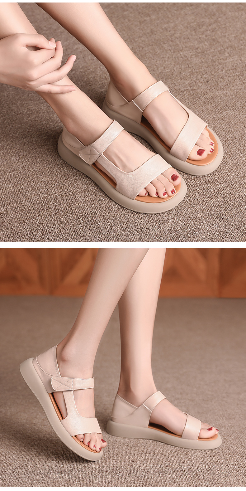 Sandal nữ đế bệt da thật mềm quai chữ V đi biển hằng ngày — Màu đen chi tiết 21