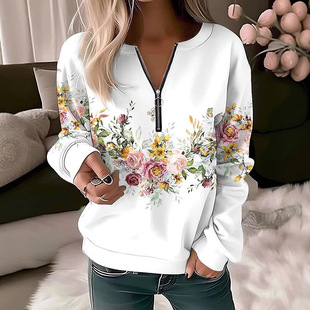 2025 in stock Independent Station Amazon Cross-border Best Selling Spring and Autumn New Printed V-Neck Zipper Loose Pullover Sweatshirt