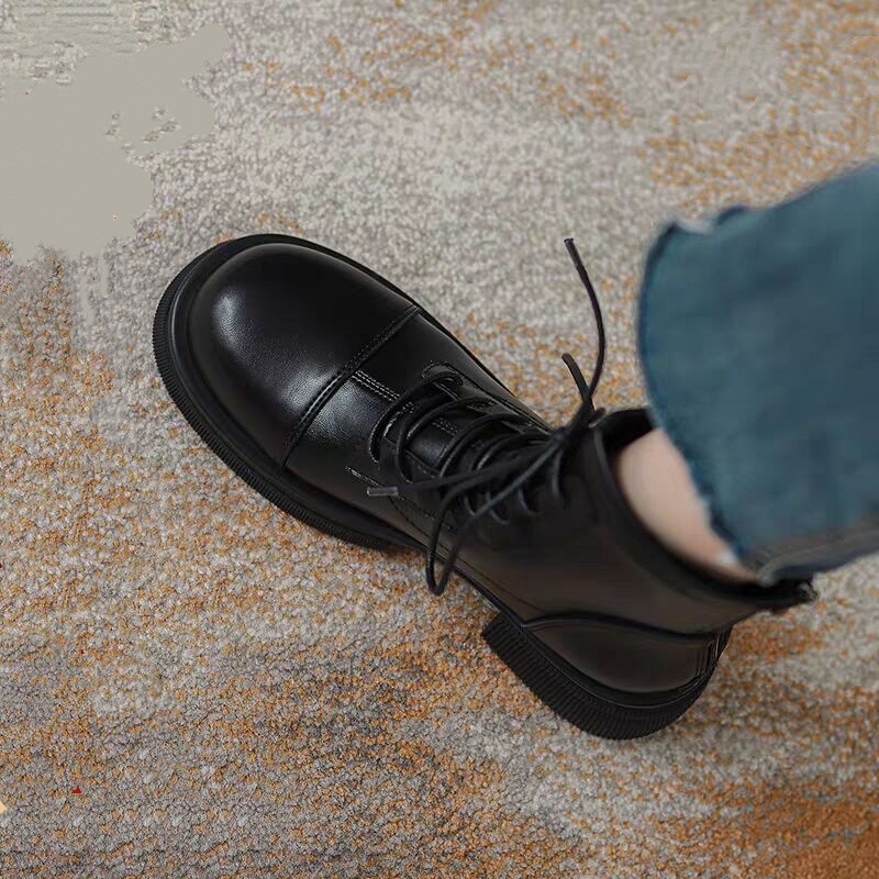 Soft Leather Boots for Women British Style 2025 New Autumn and Winter Velvet Thick-Soled Boots Spring & Fall Single Boots Short Boots