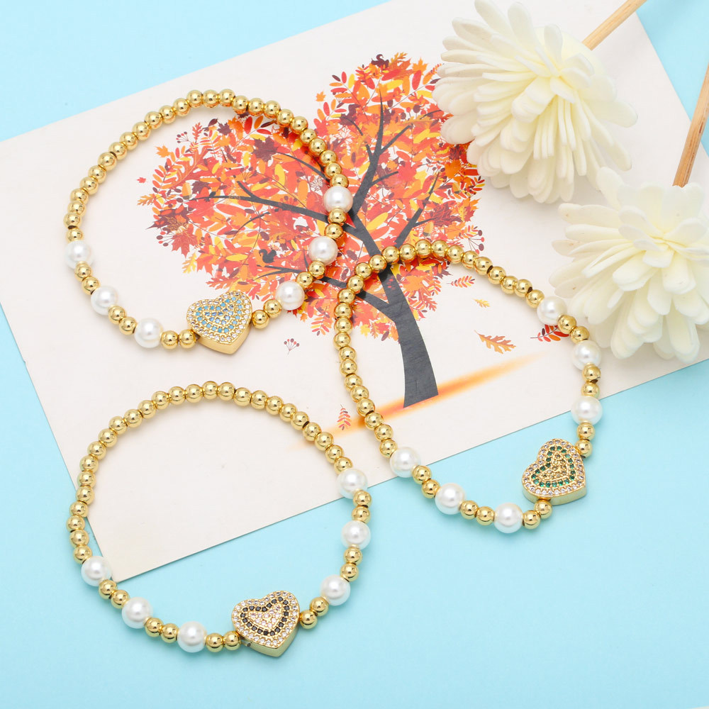 Fashion Heart Shape Copper Bracelets Pearl Gold Plated Zircon Copper Bracelets