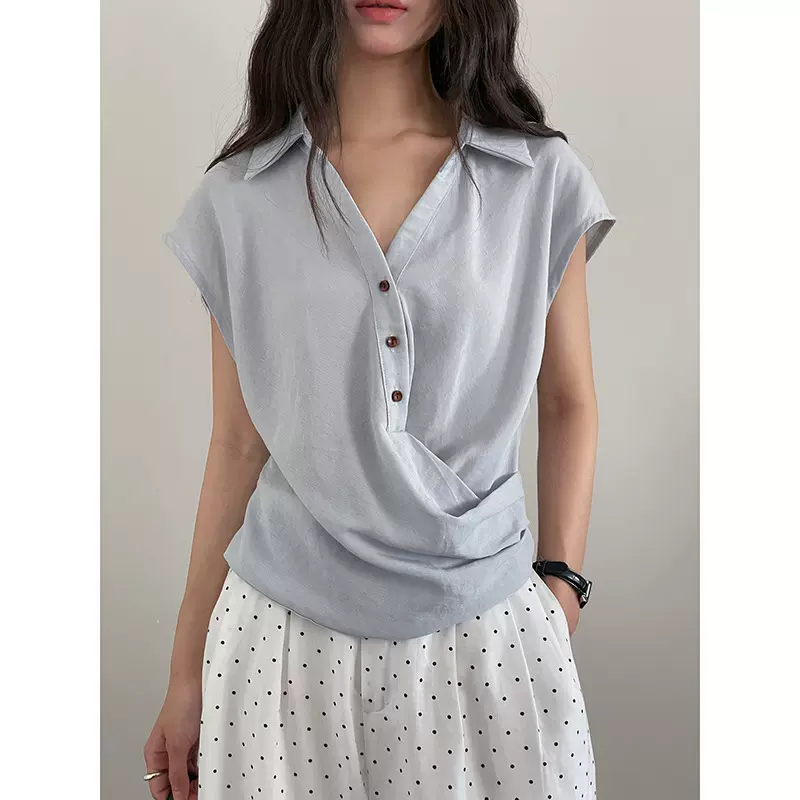 【解构扭扭 polo】歌铭韩系通勤衬衫女夏季新款V领斜襟上衣J284C